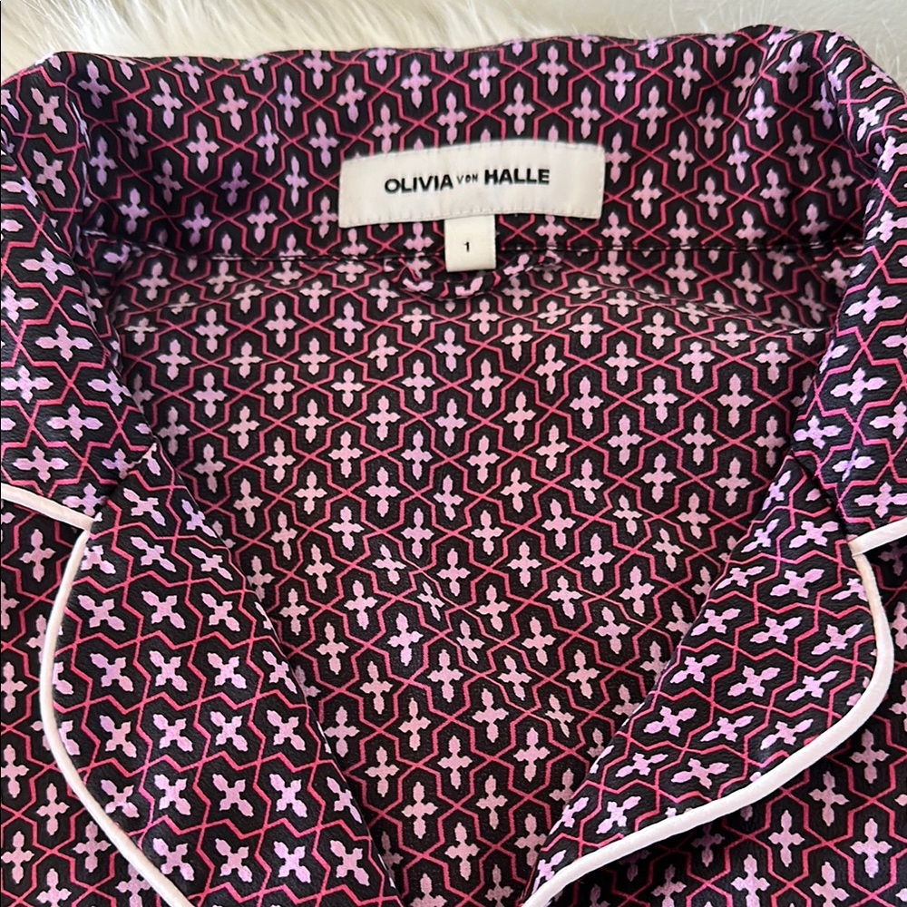 Olivia von Halle Pink and Black Geometric Pajama Top